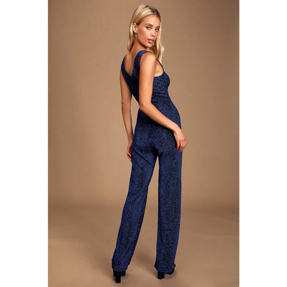Women's Lulus Blue and Black Metallic Ribbed V-Neck Jumpsuit - Picture 2 of 11